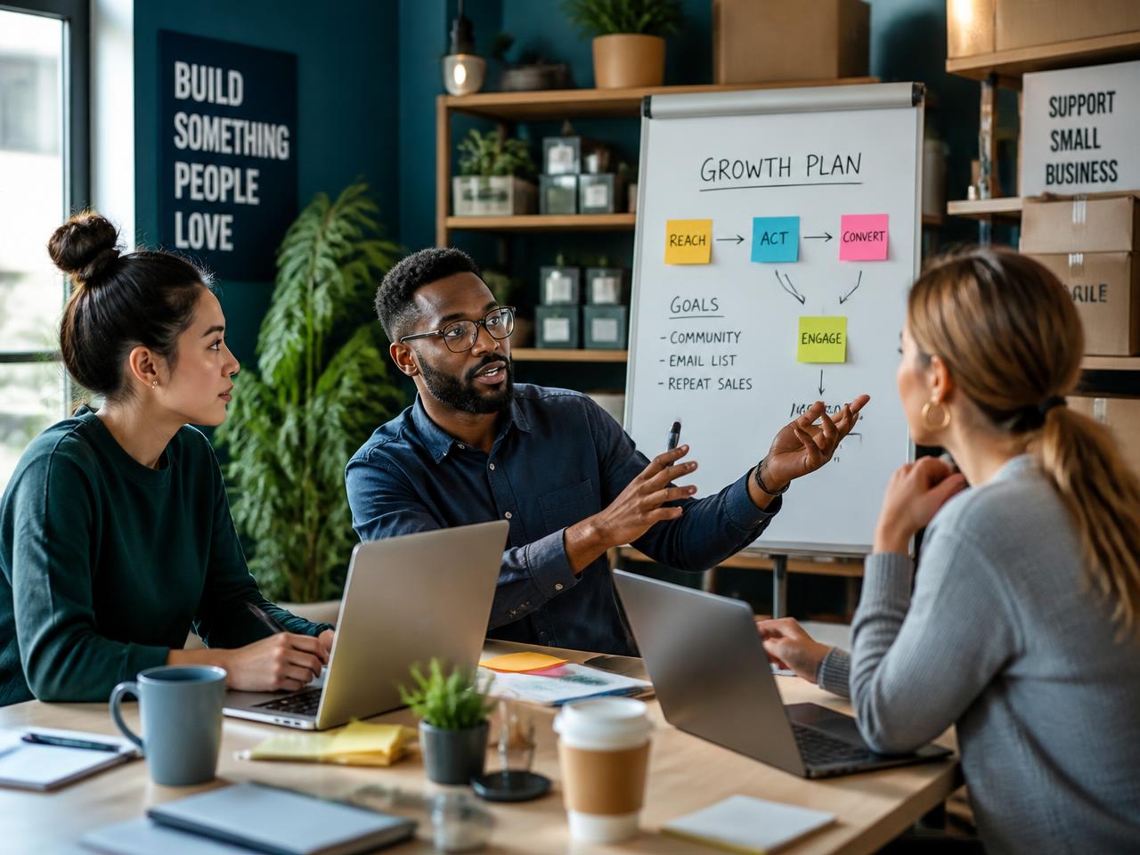 Entrepreneurs working through a growth plan together in a small business studio
